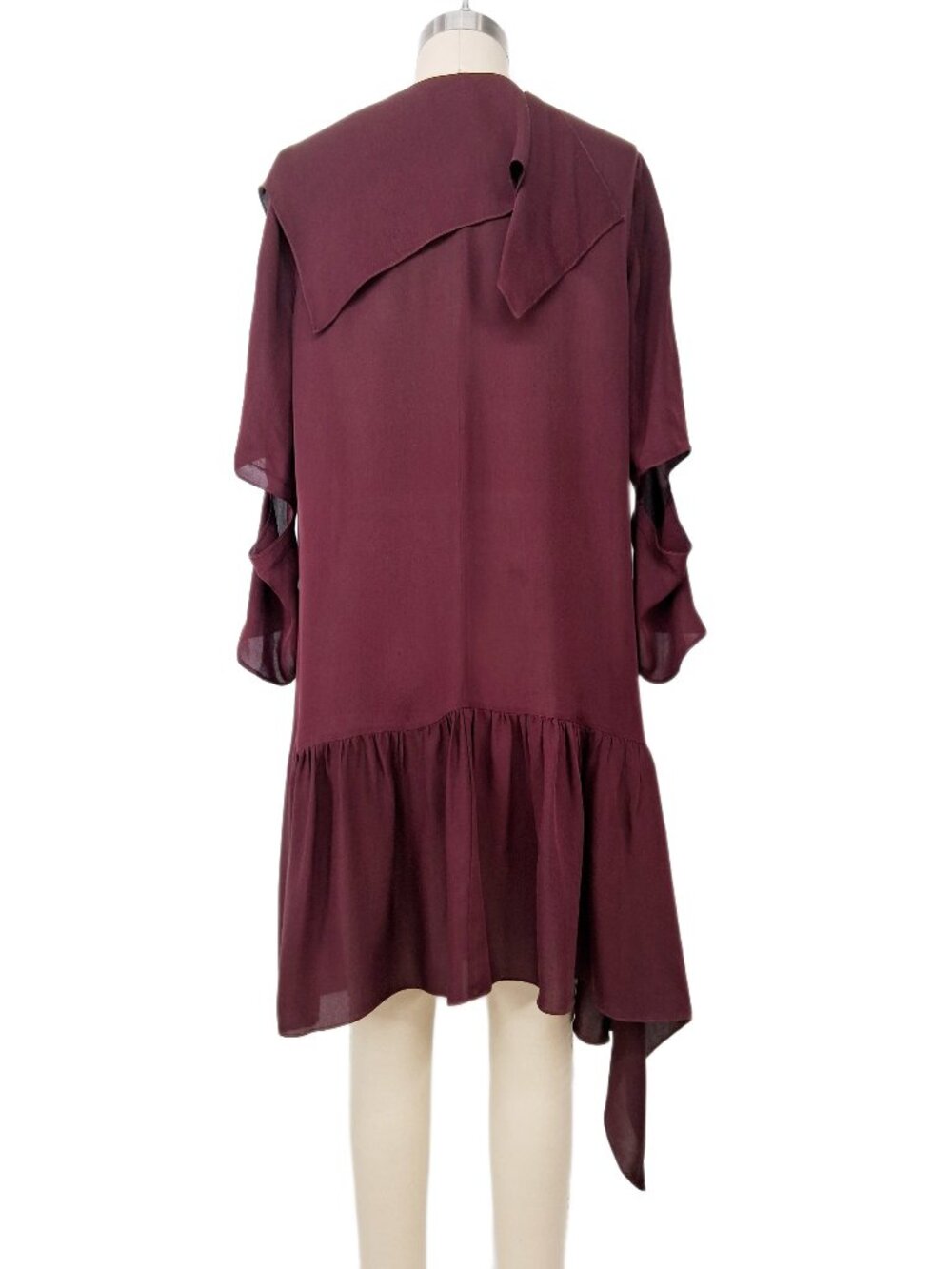 Morgane Le Fay Burgundy Silk Asymmetric V-Neck Draped Handkerchief Hem Dress M - Picture 2 of 15